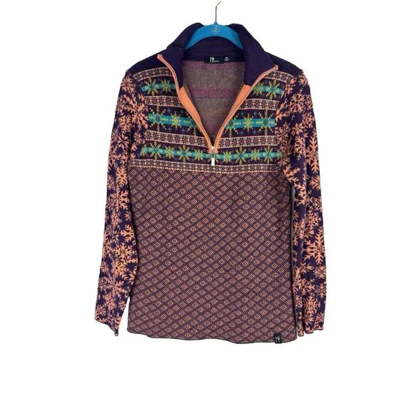 Neve Women Medium Wool Blend 1/4 Zip Sweater Geo Apres Ski Nordic Cozy Snowflake - Picture 2 of 9